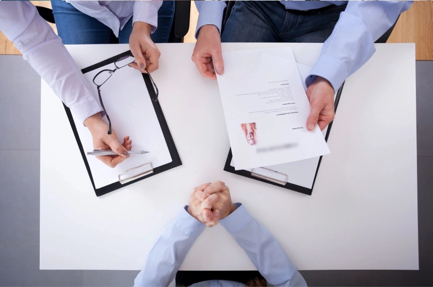 A group of people sitting at a table with papers.