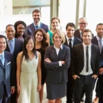 A group of people in business attire posing for the camera.