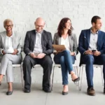 A group of people sitting on chairs in front of a wall.