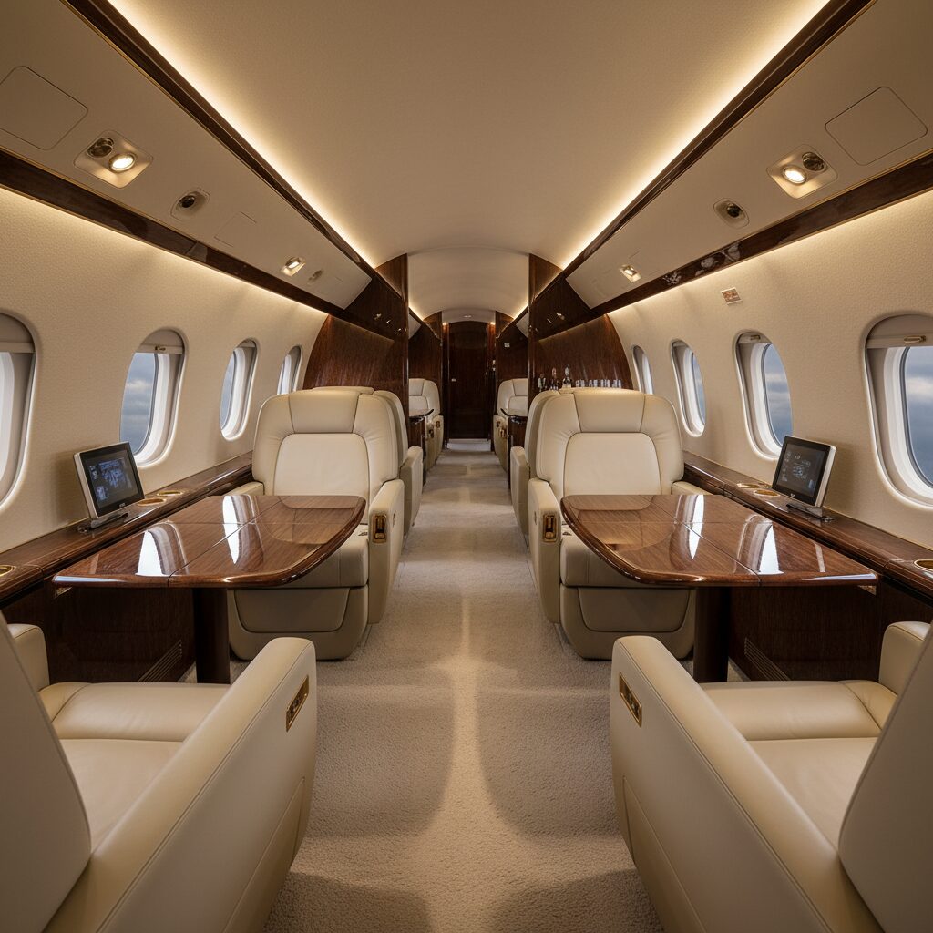 Luxurious private jet interior with leather seats