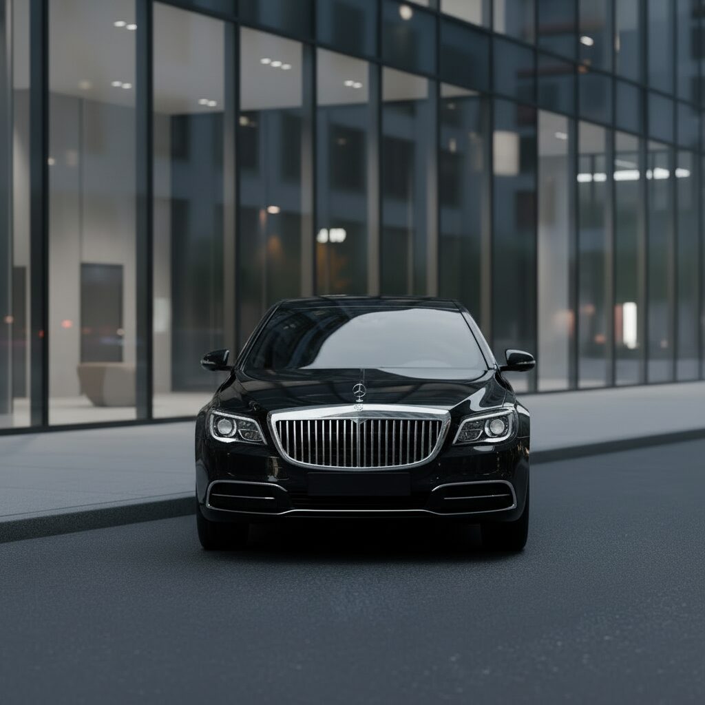 Black luxury sedan parked outside modern glass building
