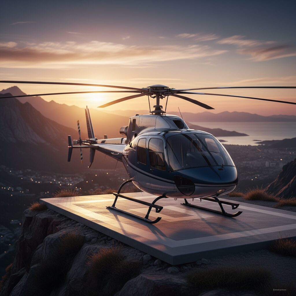 Helicopter on cliff helipad at sunset