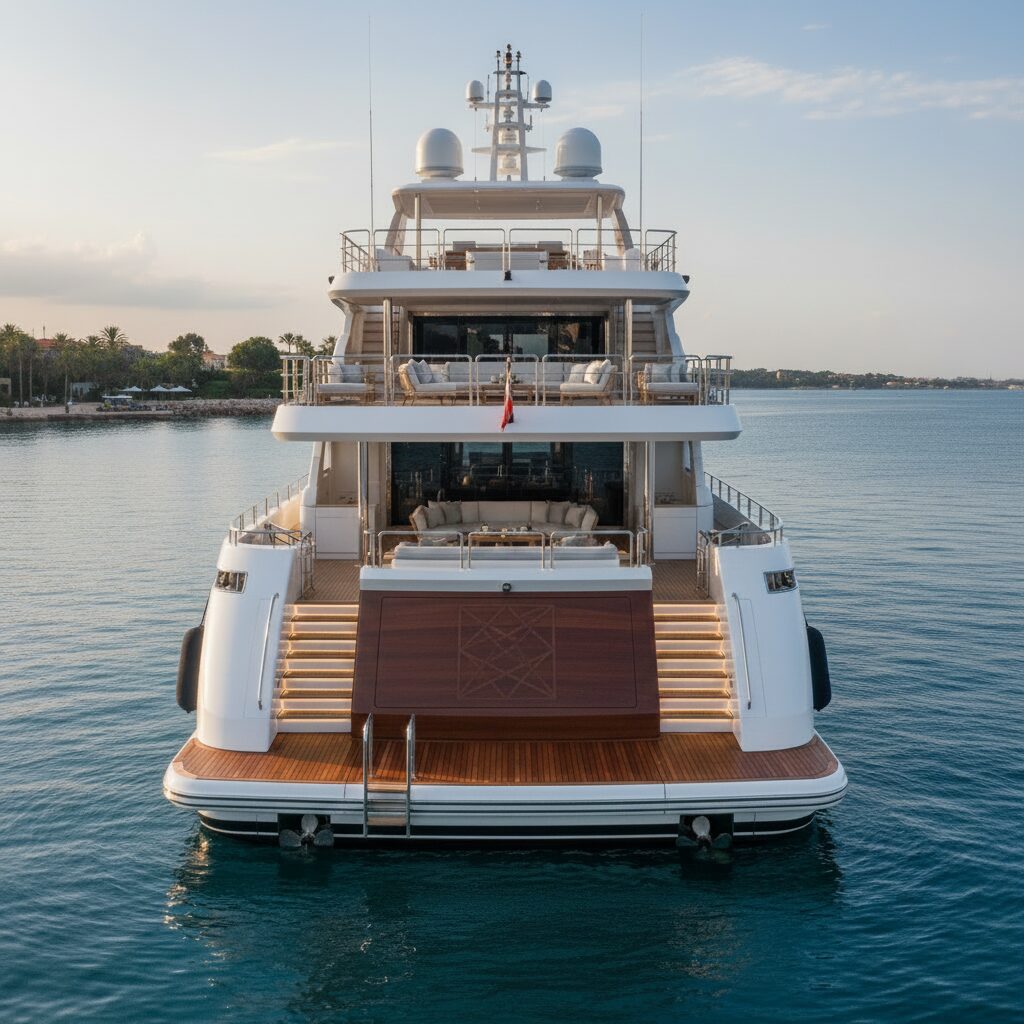 Luxury motor yacht stern with teak swim platform